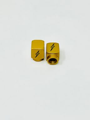 Long DMR Lightning Bolt Valve Stem Caps, OG Gold Valve Stem Caps Death Metal Racing