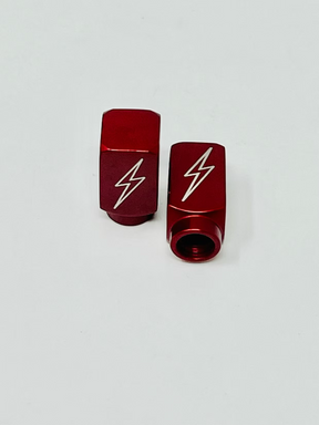 Short DMR Lightning Bolt Valve Stem Caps, Red Valve Stem Caps Death Metal Racing