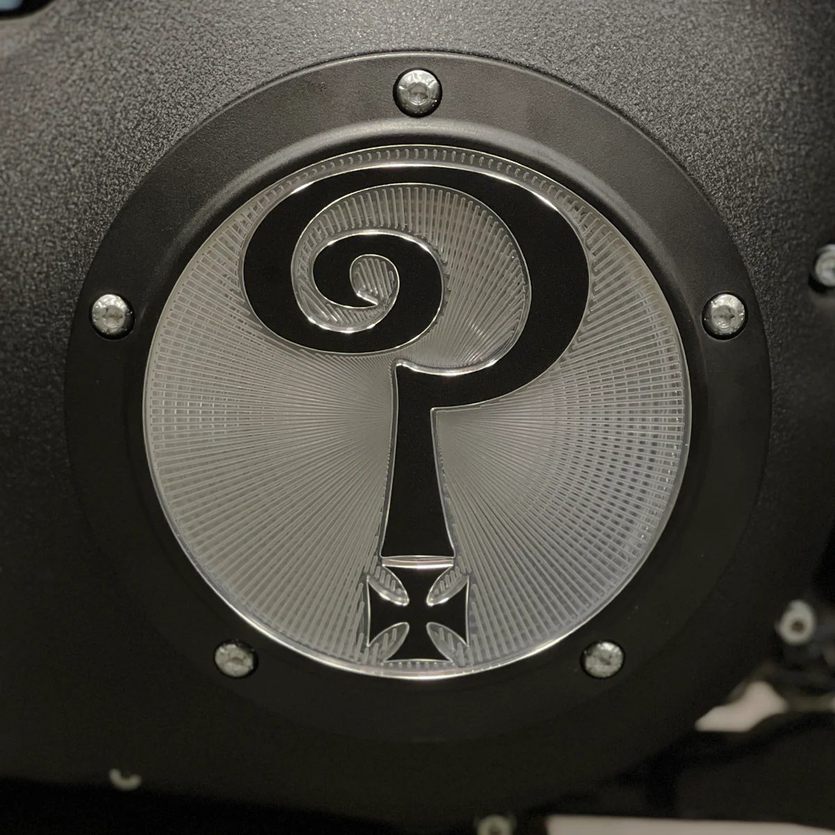 Question Mark Derby Cover, Matte Black & Aluminum - Twin Cam Derby Cover Indian Larry Motorcycles