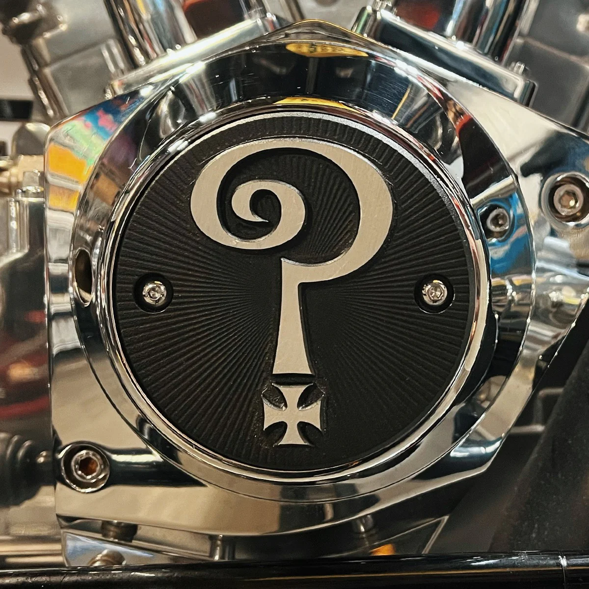 Question Mark 2 Hole Point Cover, Matte Black & Aluminum - Shovelhead & EVO Timing Cover Indian Larry Motorcycles