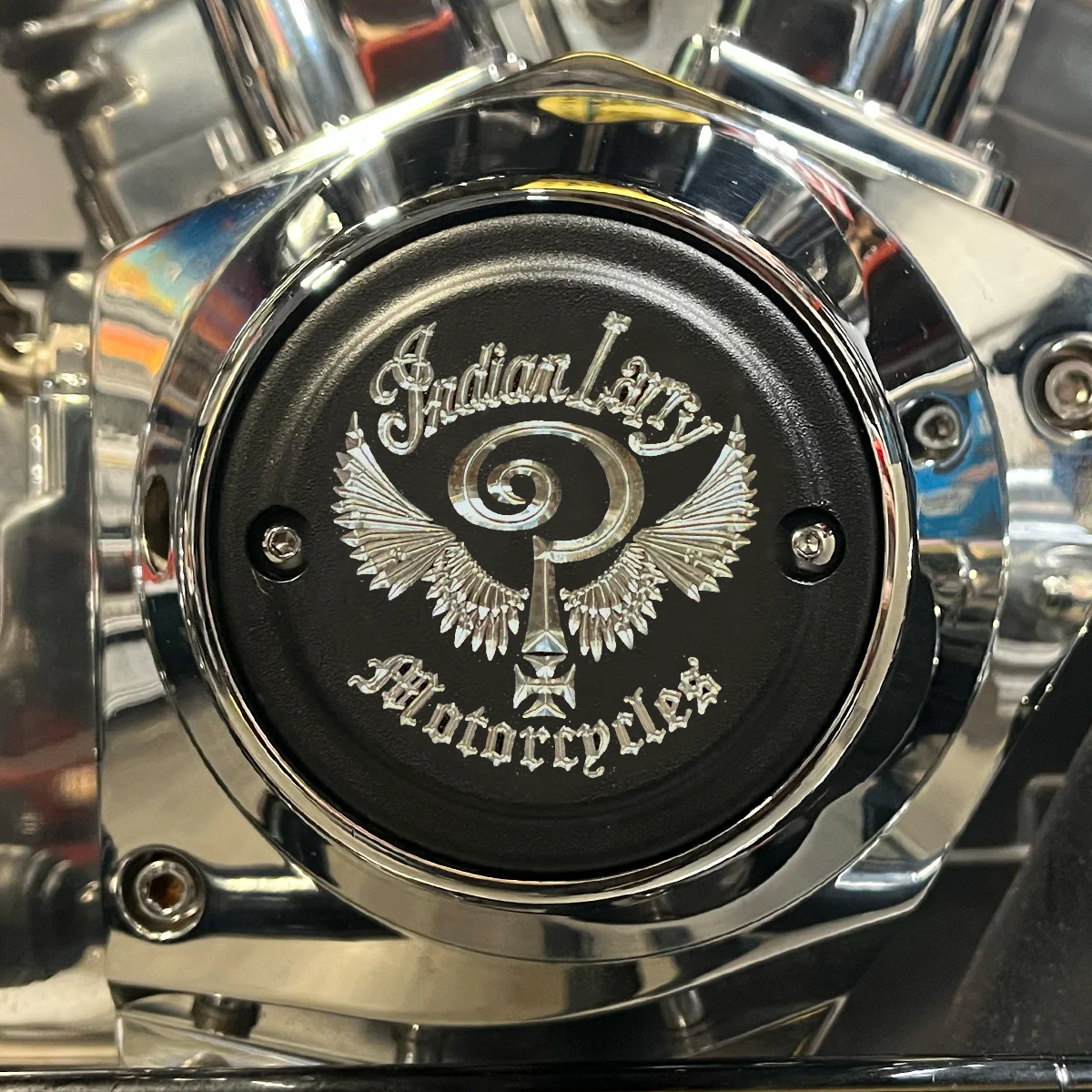 Indian Larry Logo 2 Hole Point Cover, Matte Black & Aluminum - Shovelhead & EVO Timing Cover Indian Larry Motorcycles