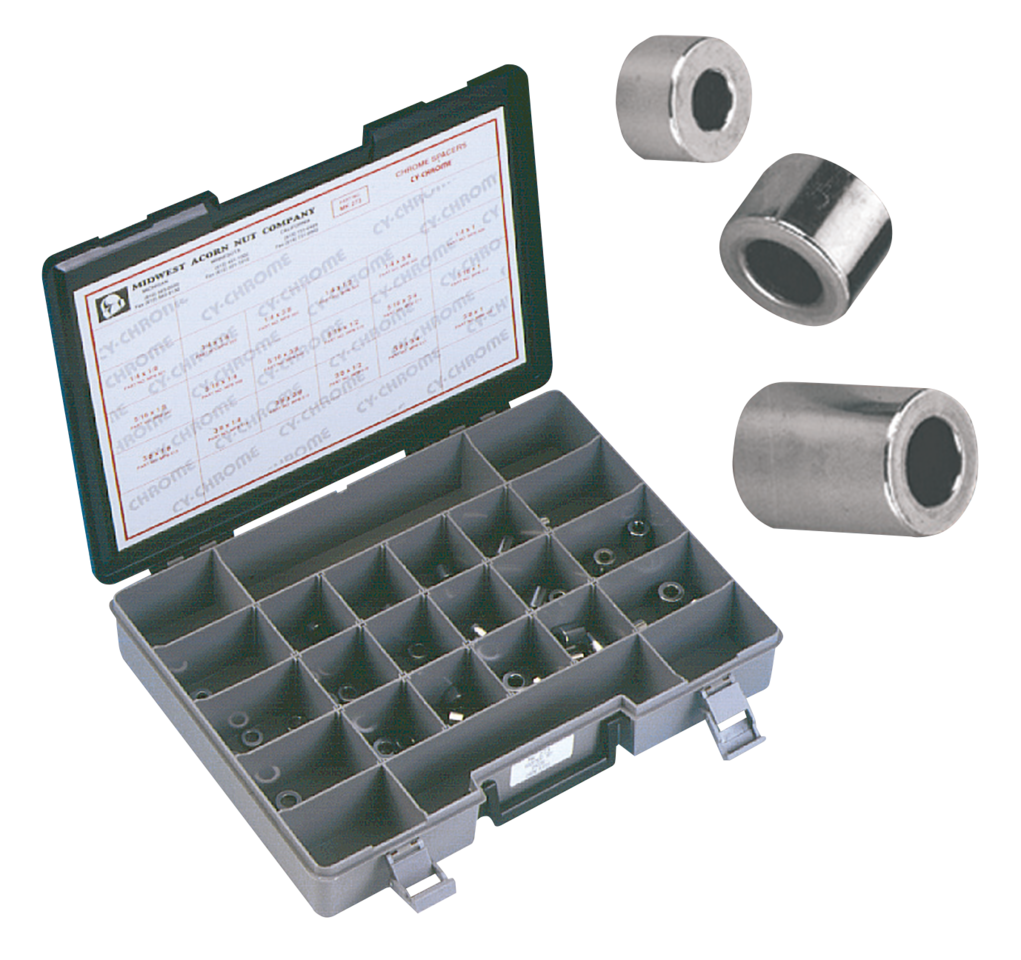 Ass.Tray Spacers 18 Sizes Show Chrome Hardware & Assortment Trays Midwest Acorn Nut Company